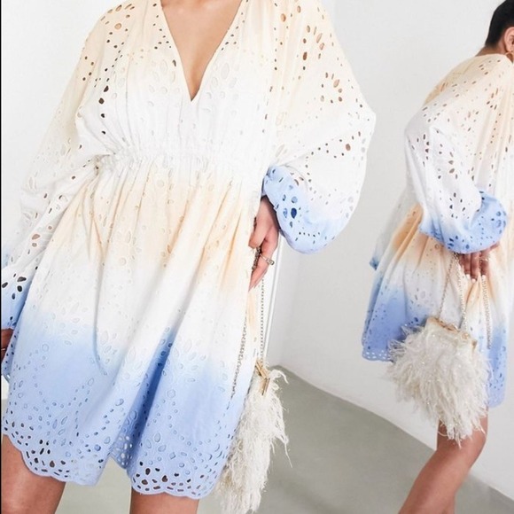 ASOS EDITION Dresses & Skirts - ASOS EDITION Ombre Eyelet Cotton V Neck Mini Dress White Blue Long Sleeve Sz 12